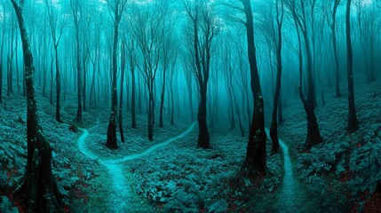 Obraz premium Enchanted Teal Forest Path: Mystical Foggy Woods with Splitting Trails