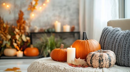 a living room with a couch, candles and pumpkins