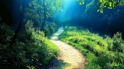 Obraz premium Enchanted Forest Path: Sunlit Green Trail in Lush Woods