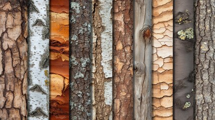 Processed collage of old bark textures of different types of wood.