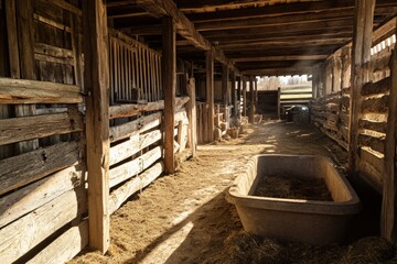 A barnyard with wooden fences and a rustic feed trough.