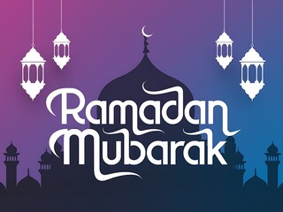 Ramadan Mubarak greeting with mosque and lanterns