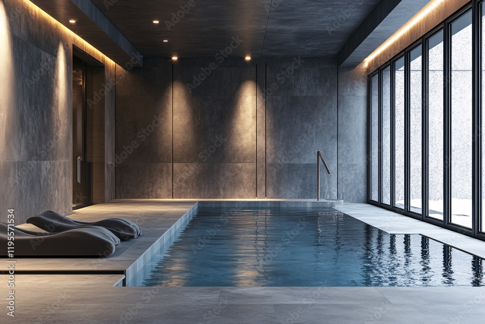 Poster modern indoor swimming pool with deck chairs and large windows illuminating relaxing spa