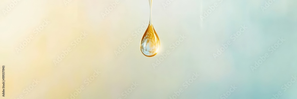 Poster Single golden drop hanging, reflecting light with blurred background creating a serene and abstract image with potential use in various design projects