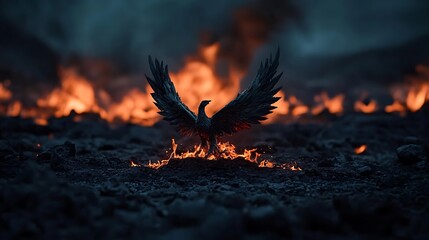 Fiery phoenix rising from volcanic ash, game background