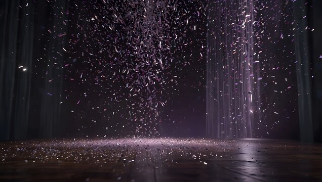 A dark stage is shown with purple confetti falling and accumulating on the wooden floor. 