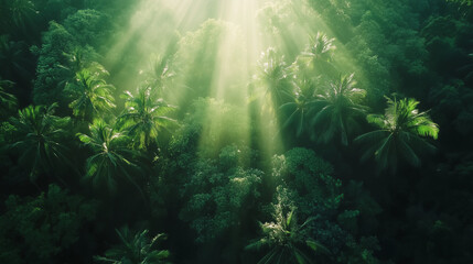 Golden Rays of Sunlight Filtering Through Trees in a Serene Green Forest Tranquil Nature Photography






