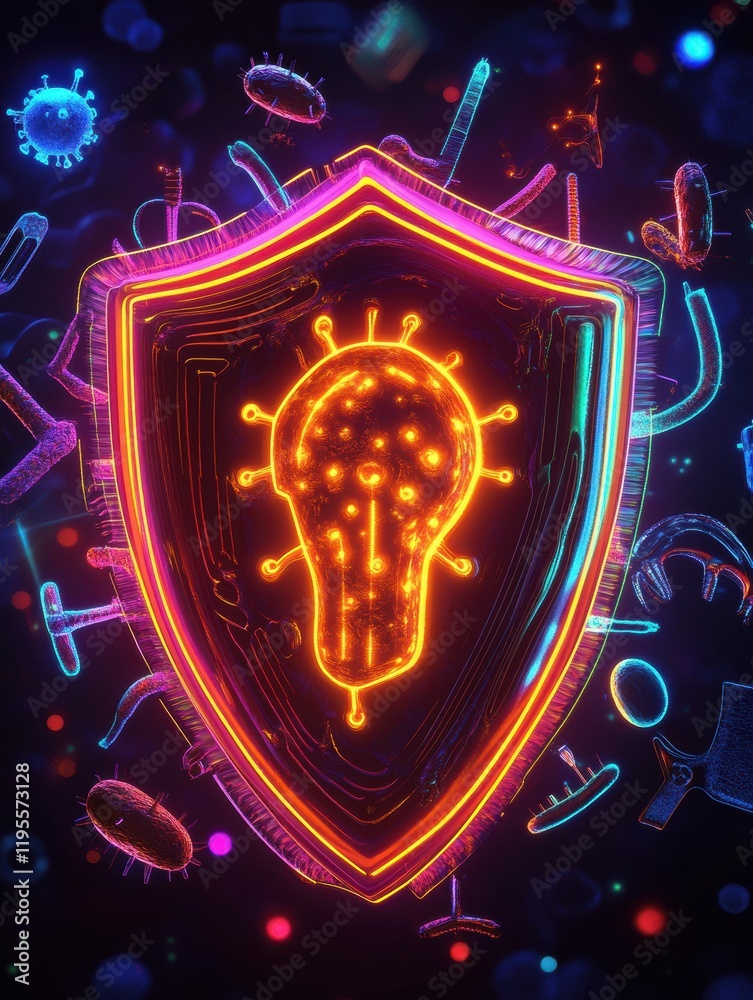 Poster innovative shield design illustrating protection against harmful microbes in a vibrant digital artwo