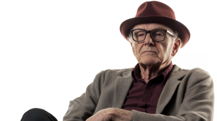 An elderly man wearing a classic fedora and glasses isolated on a transparent background, PNG