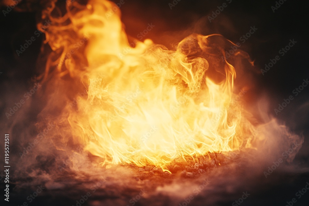 Poster burning fire creating a layer of smoke on dark background
