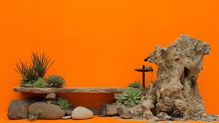 Zen Garden Bench Succulents Orange Wall Background