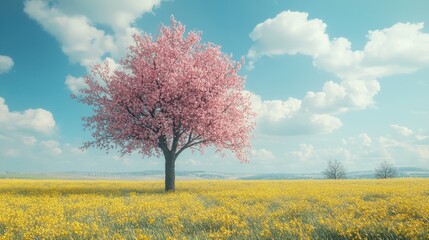 Beautiful cherry blossom tree in a vibrant yellow field under a bright blue sky