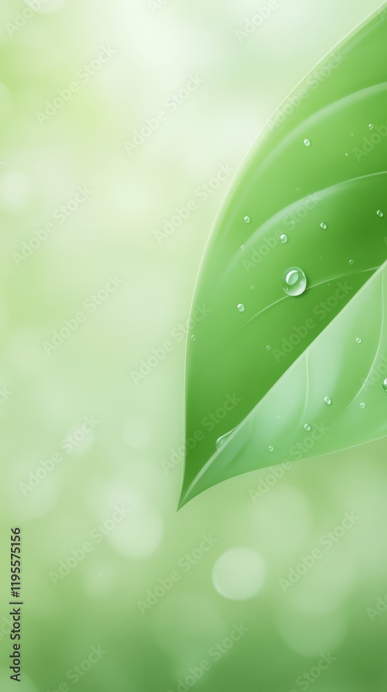 Poster water drops resting on a vibrant green leaf, reflecting light against a softly blurred green backgro