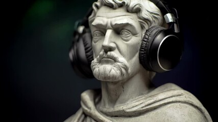 Antique statue wearing headphones, disco Stoic Greek Philosopher Thinking Man - Powered by Adobe