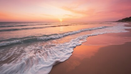 Obraz premium Tranquil Beach at Sunset with Soft Waves and Pink-Orange Horizon, generative ai