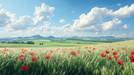 Idyllic landscape with red poppy field under blue sky and fluffy clouds