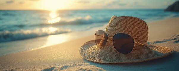 Sunlit straw hat and sunglasses on sandy beach during sunset