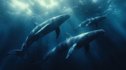 Fototapeta premium Majestic whales swimming in deep ocean, sunlight beams through water.