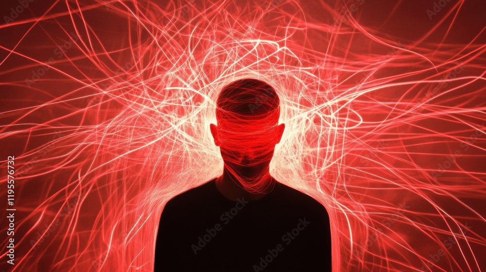 Leinwandbilder person surrounded by swirling red lines and abstract shapes creating a sense of motion and energy in