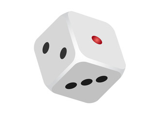 Six sided white game die icon, showing sides of 1, 2, 3