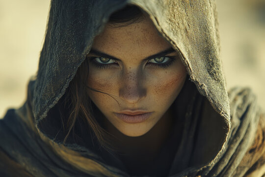 Fierce character in hooded cloak with intense gaze and freckles - Powered by Adobe
