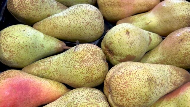 Abate Fetel pears displayed at the greengrocer's, tracking shot in top view on pears in crates