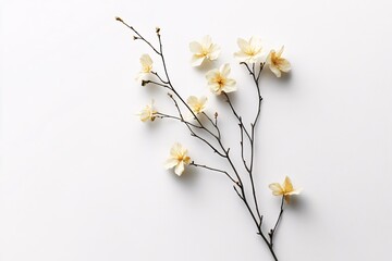 Delicate dried flowers on branch creating elegant floral arrangement on white background