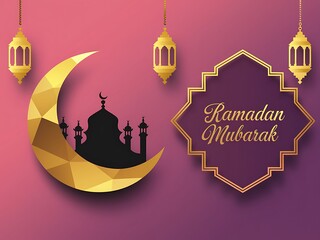Ramadan Mubarak greeting with crescent moon and mosque