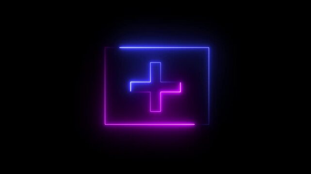 Energy Neon Blue Alphabet Letter Sign Symbol Plus Animation on black background. emergency plus icon animation .  first aid box