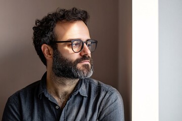 Obraz premium Pensive man wearing glasses is looking out the window
