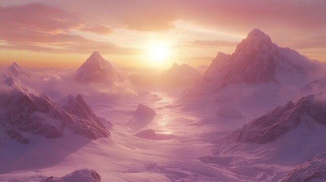 Majestic snow-capped mountain range at sunset.