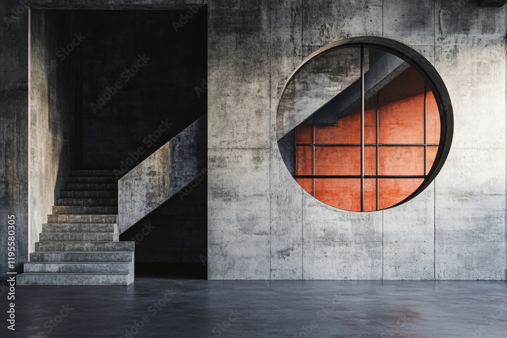 Aufkleber modern concrete staircase leading to circular window opening in empty building