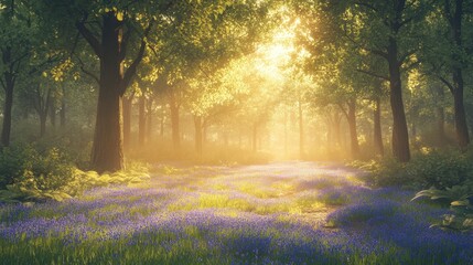 Obraz premium Sunlit forest path with blooming bluebells in a lush woodland