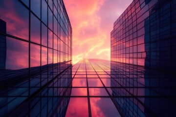modern skyscrapers reflecting parisian sunset