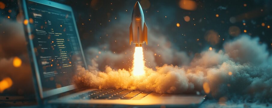 Rocket launch from laptop depicting technology startup concept