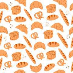 Seamless pattern bread croissant baguette pastries hand drawn