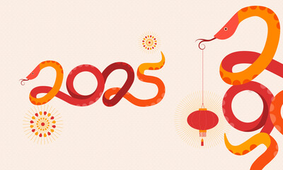Lunar New Year, Year of the Snake 2025 illustration and text, with traditional hanging red lanterns, fireworks and firecrackers, contemporary typography vibrant greeting for celebration campaigns