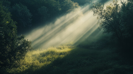 Fototapeta premium Golden Rays of Sunlight Filtering Through Trees in a Serene Green Forest Tranquil Nature Photography