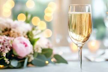 Celebration with Sparkling Wine and Floral Decor for Women's Day, Feminism Bokeh Background, 8 March Concept