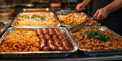 Obraz premium A gourmet breakfast buffet with a variety of dishes, ideal for promoting hospitality and luxury dining experiences.