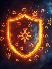 Shield deflecting harmful microbes representing safety and protection in a digital abstract design. Generative AI