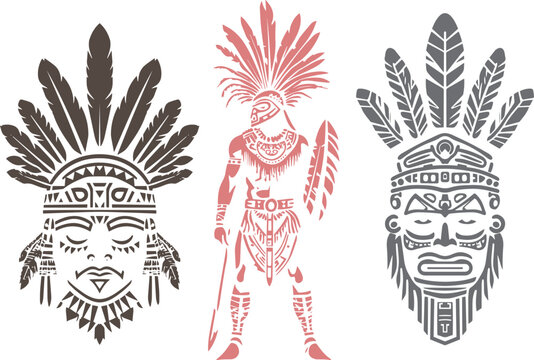 Proud brave navajo injun chieftain head silhouette vector illustration on white background. Outline ink hand drawn picture logo sketchy in antique art 