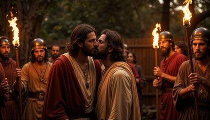 Judas Iscariot betraying Jesus with a kiss, depicting the biblical scene of the betrayal during the spread of Christianity in the first century