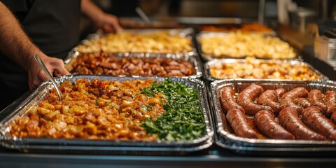 A gourmet breakfast buffet with a variety of dishes, ideal for promoting hospitality and luxury dining experiences.