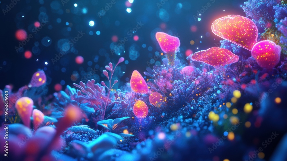 Leinwandbilder exploring a vibrant microscopic ecosystem filled with friendly microbes and glowing fungi. generativ