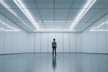 Minimalist room with white walls and glowing overhead lights.