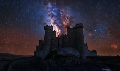 Fototapeta premium The ancient castle standing against a star-studded night sky with the Milky Way arching above