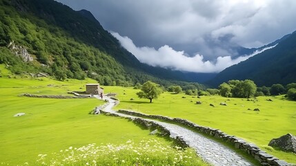 Serene mountain valley path gently winds past stone walls bathed in soft sunlight. AI Generated