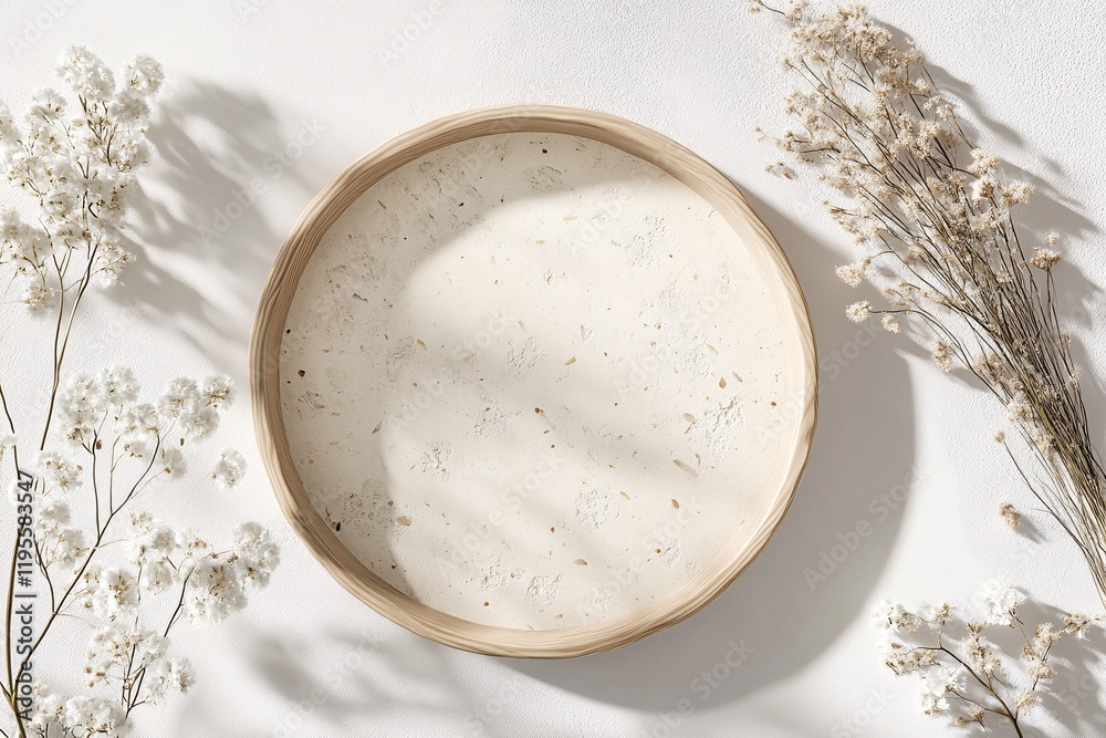Aufkleber empty round tray displaying casting light and shadow with dried flowers decoration