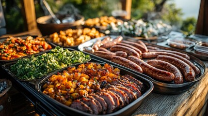 Fototapeta premium A gourmet breakfast buffet with a variety of dishes, ideal for promoting hospitality and luxury dining experiences.